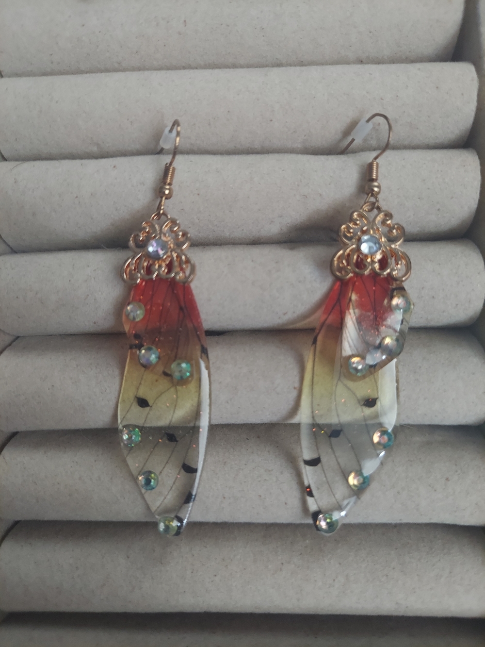 Gold-Accented Red to Yellow Gradient Feather Drop Earrings